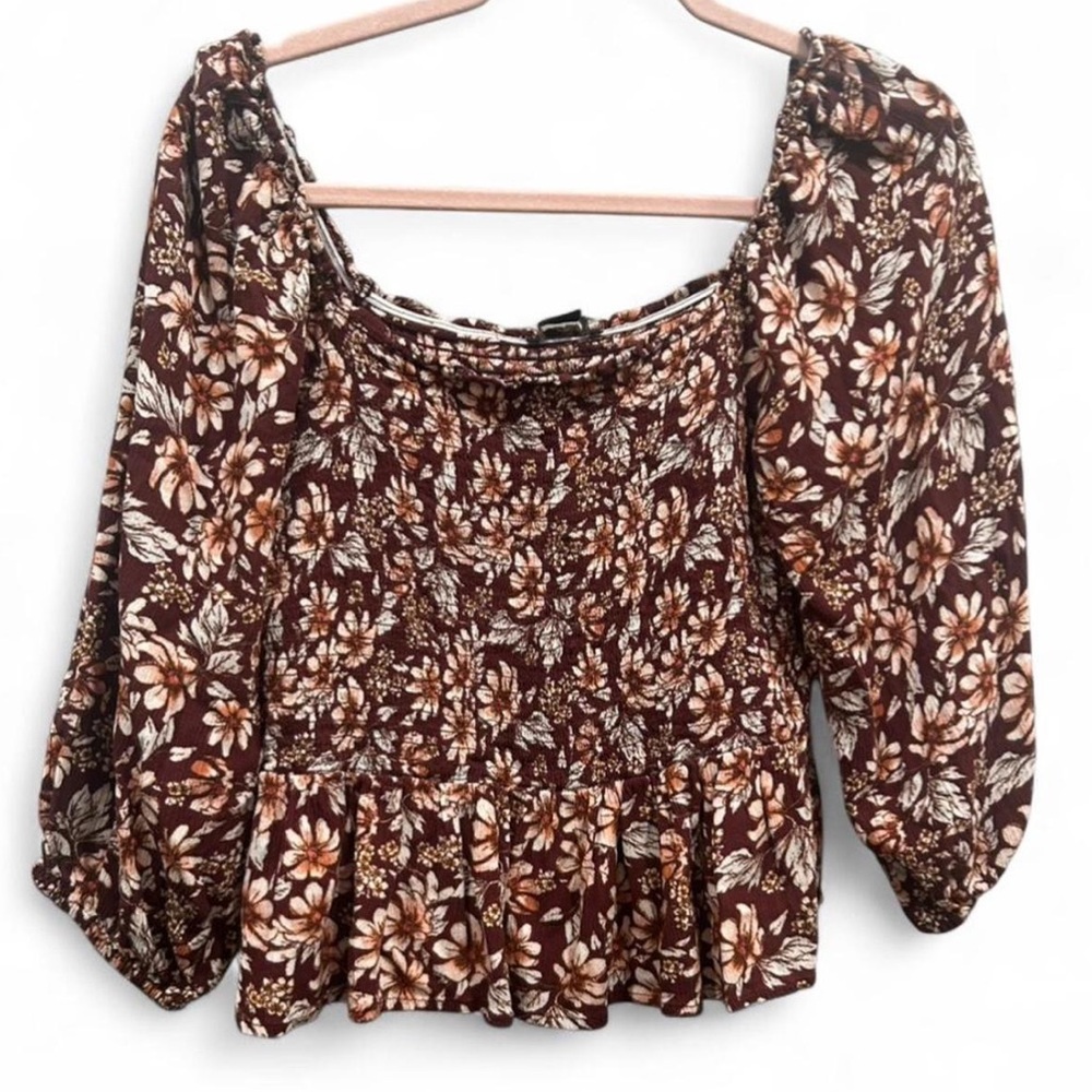 American Eagle Ruched Flutter Hem Off The Shoulder Floral Blouse | Medium